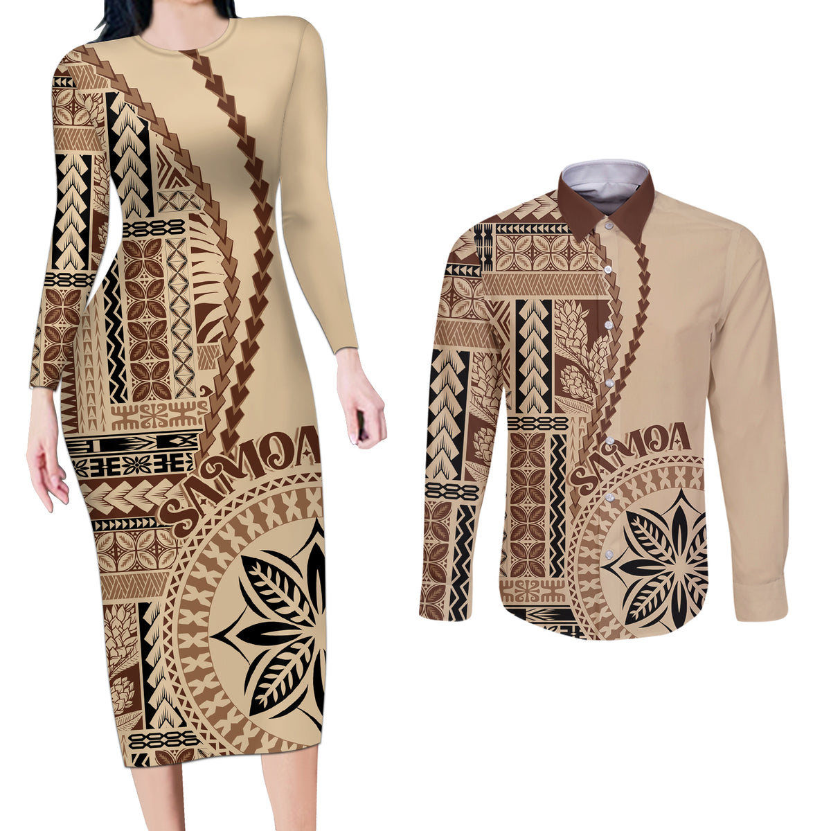 Samoa Siapo Motif Couples Matching Long Sleeve Bodycon Dress and Long Sleeve Button Shirt Classic Style LT7 Beige - Polynesian Pride
