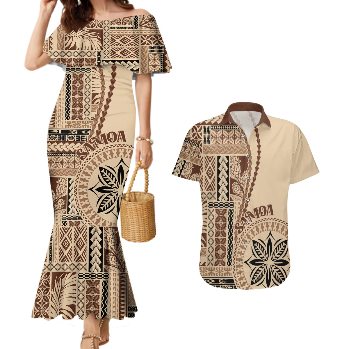 samoa-siapo-motif-couples-matching-mermaid-dress-and-hawaiian-shirt-classic-style