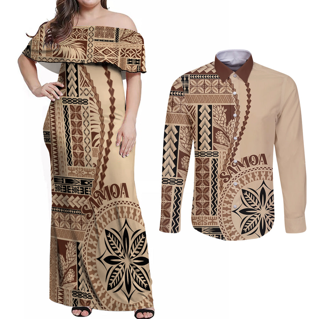 Samoa Siapo Motif Couples Matching Off Shoulder Maxi Dress and Long Sleeve Button Shirt Classic Style LT7 Beige - Polynesian Pride