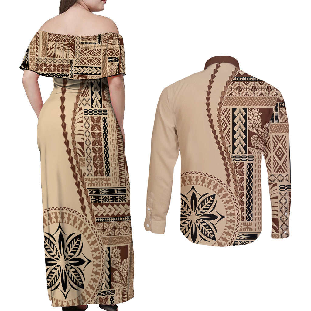Samoa Siapo Motif Couples Matching Off Shoulder Maxi Dress and Long Sleeve Button Shirt Classic Style LT7 - Polynesian Pride