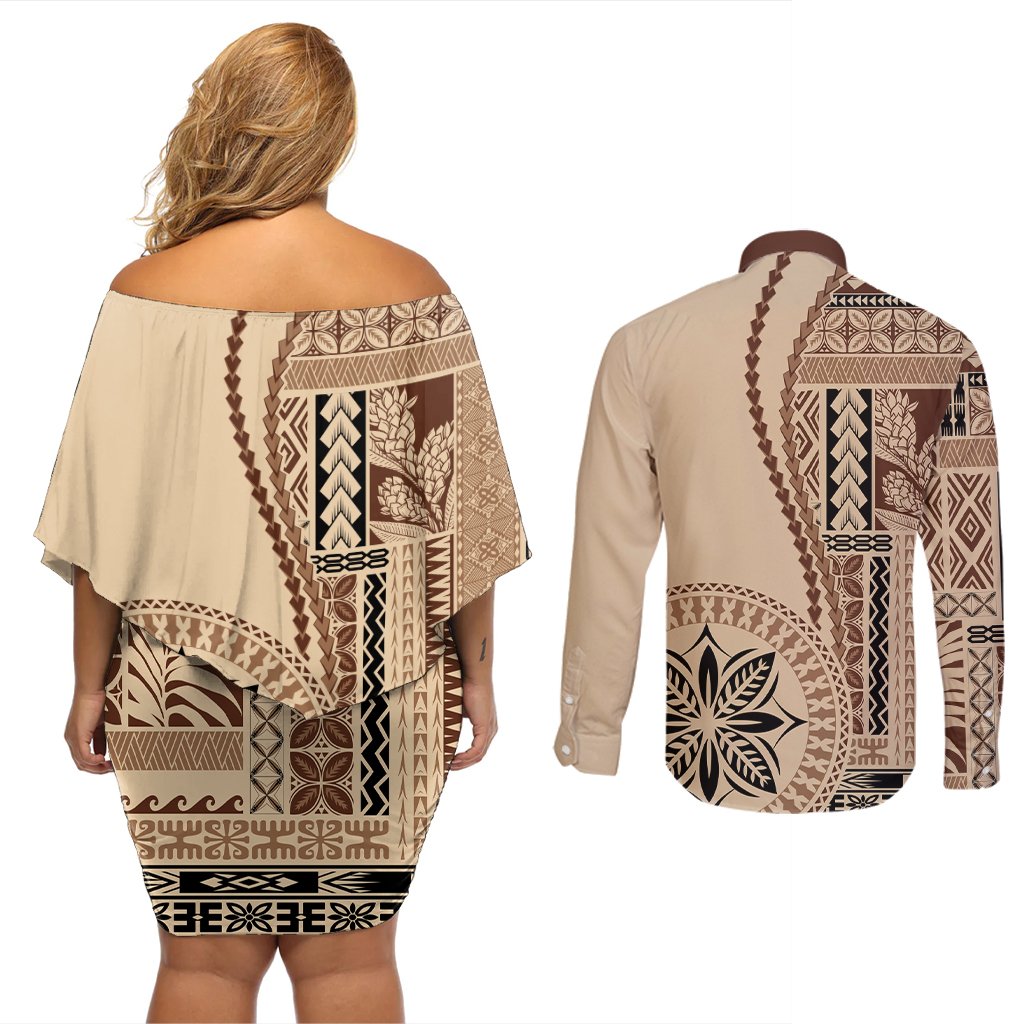 Samoa Siapo Motif Couples Matching Off Shoulder Short Dress and Long Sleeve Button Shirt Classic Style LT7 - Polynesian Pride