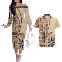 Samoa Siapo Motif Couples Matching Off The Shoulder Long Sleeve Dress and Hawaiian Shirt Classic Style LT7 Beige - Polynesian Pride