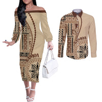 Samoa Siapo Motif Couples Matching Off The Shoulder Long Sleeve Dress and Long Sleeve Button Shirt Classic Style LT7 Beige - Polynesian Pride