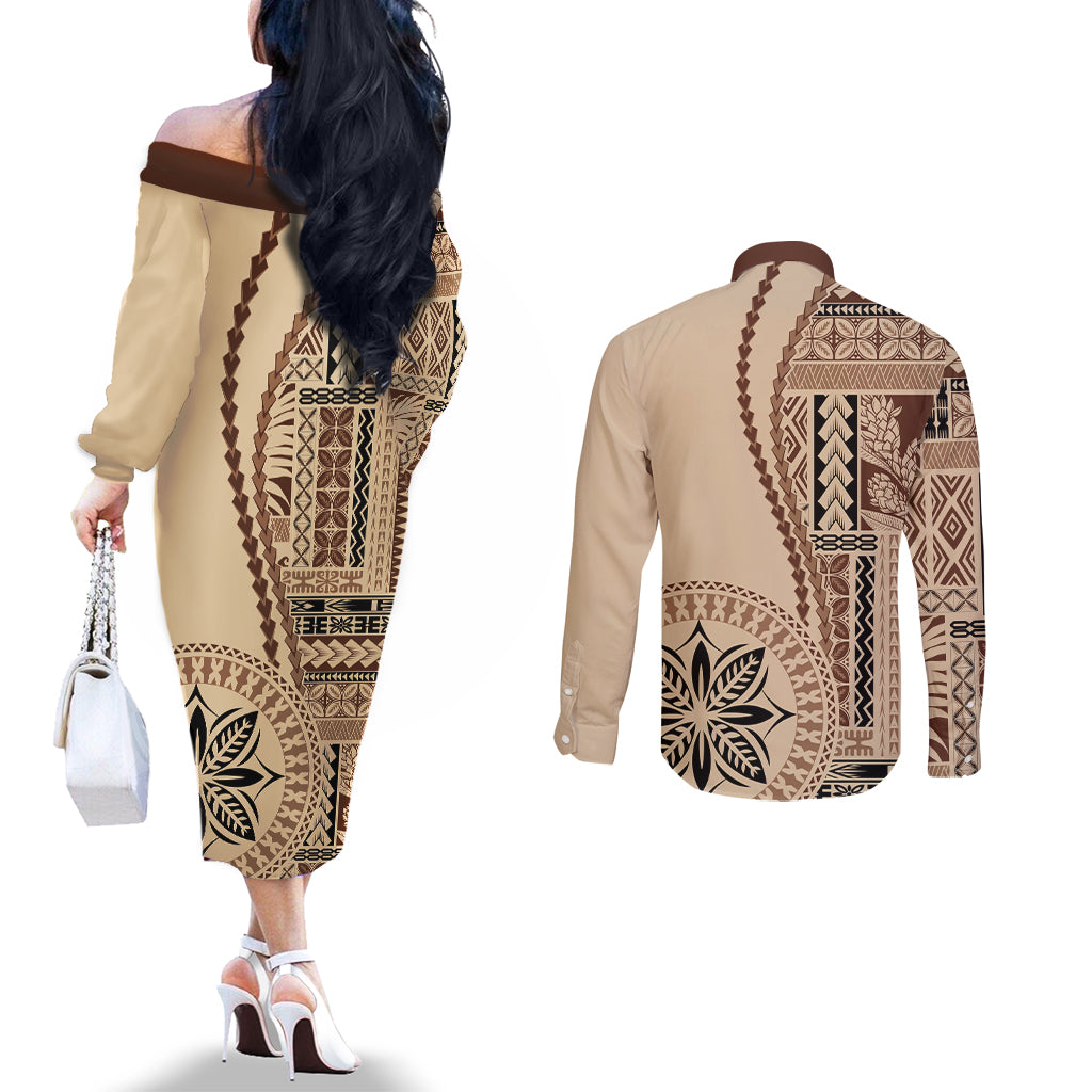 Samoa Siapo Motif Couples Matching Off The Shoulder Long Sleeve Dress and Long Sleeve Button Shirt Classic Style LT7 - Polynesian Pride