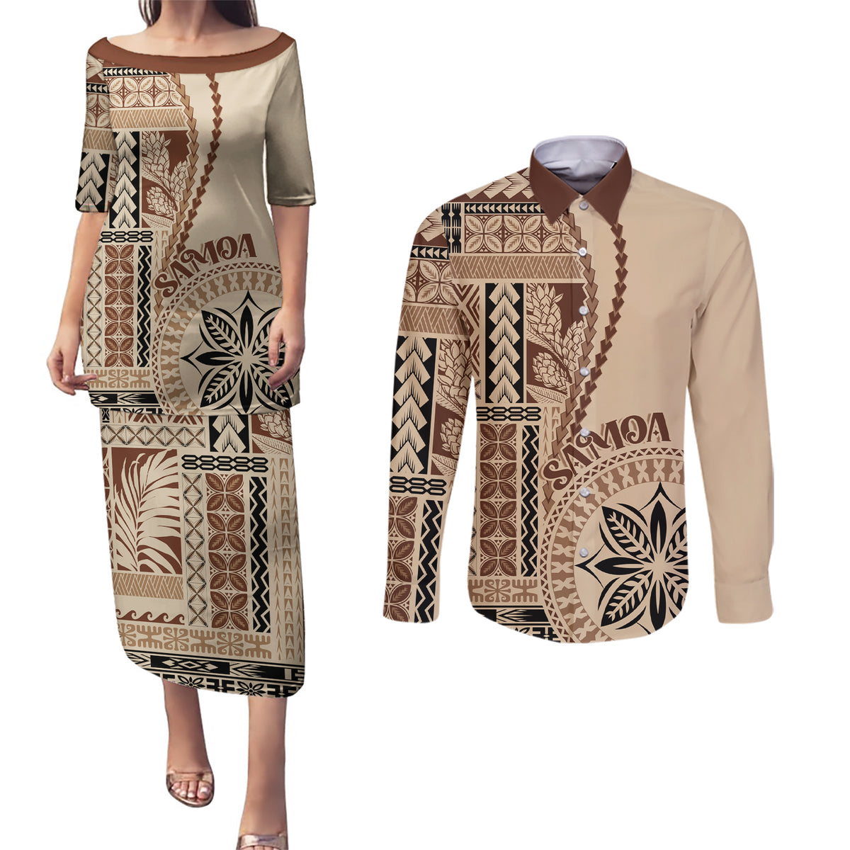Samoa Siapo Motif Couples Matching Puletasi Dress and Long Sleeve Button Shirt Classic Style LT7 Beige - Polynesian Pride