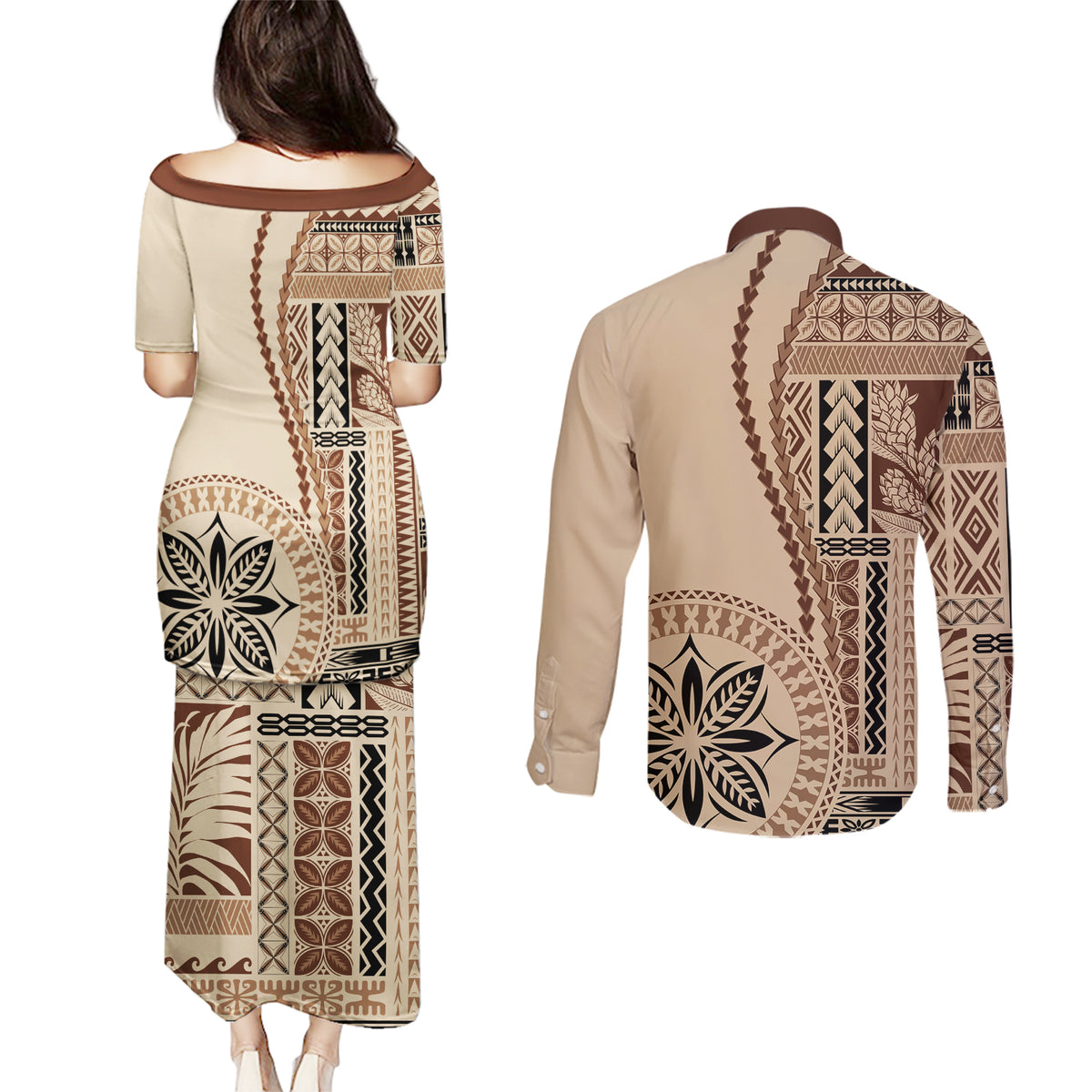 Samoa Siapo Motif Couples Matching Puletasi Dress and Long Sleeve Button Shirt Classic Style LT7 - Polynesian Pride
