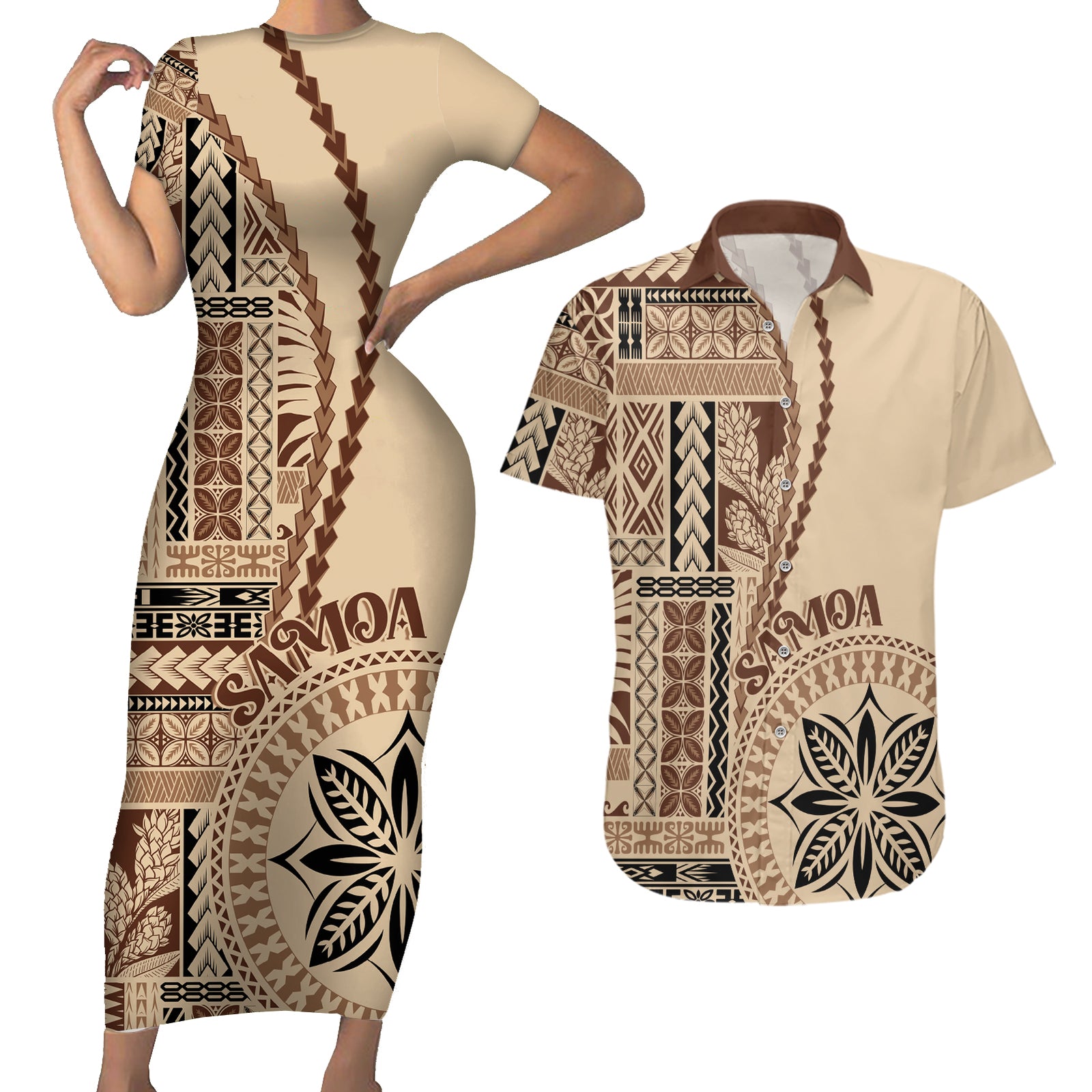 Samoa Siapo Motif Couples Matching Short Sleeve Bodycon Dress and Hawaiian Shirt Classic Style LT7 Beige - Polynesian Pride