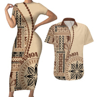Samoa Siapo Motif Couples Matching Short Sleeve Bodycon Dress and Hawaiian Shirt Classic Style LT7 Beige - Polynesian Pride