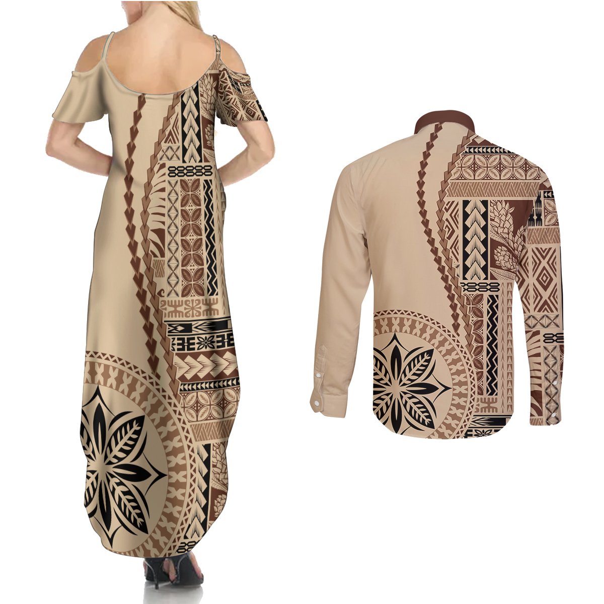 Samoa Siapo Motif Couples Matching Summer Maxi Dress and Long Sleeve Button Shirt Classic Style LT7 - Polynesian Pride