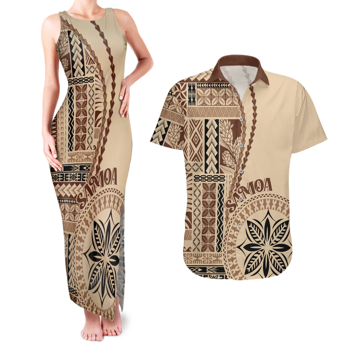 Samoa Siapo Motif Couples Matching Tank Maxi Dress and Hawaiian Shirt Classic Style LT7 Beige - Polynesian Pride