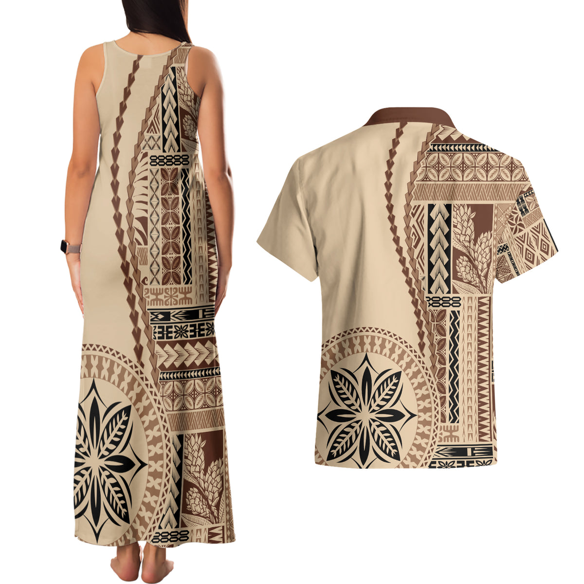Samoa Siapo Motif Couples Matching Tank Maxi Dress and Hawaiian Shirt Classic Style LT7 - Polynesian Pride