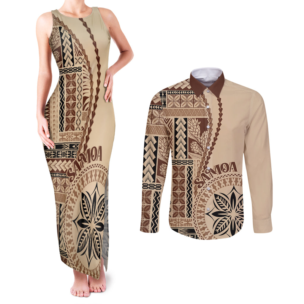 Samoa Siapo Motif Couples Matching Tank Maxi Dress and Long Sleeve Button Shirt Classic Style LT7 Beige - Polynesian Pride