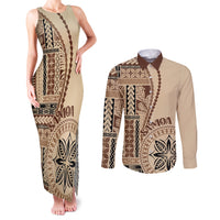 Samoa Siapo Motif Couples Matching Tank Maxi Dress and Long Sleeve Button Shirt Classic Style LT7 Beige - Polynesian Pride