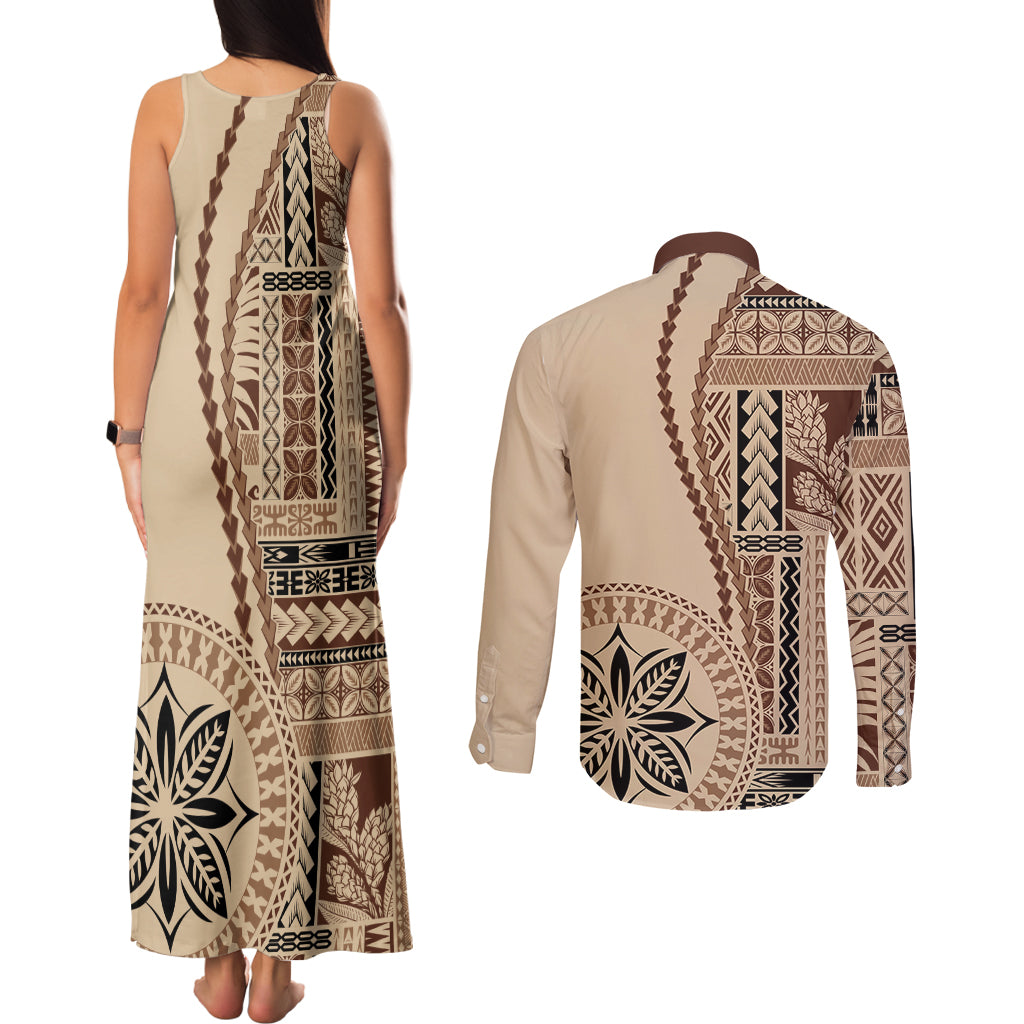 Samoa Siapo Motif Couples Matching Tank Maxi Dress and Long Sleeve Button Shirt Classic Style LT7 - Polynesian Pride