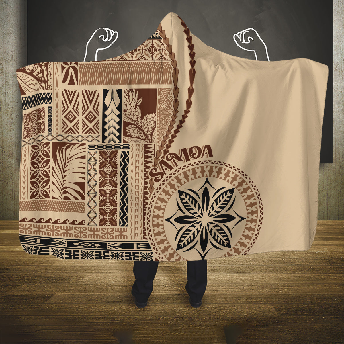 Samoa Siapo Motif Hooded Blanket Classic Style LT7 One Size Beige - Polynesian Pride