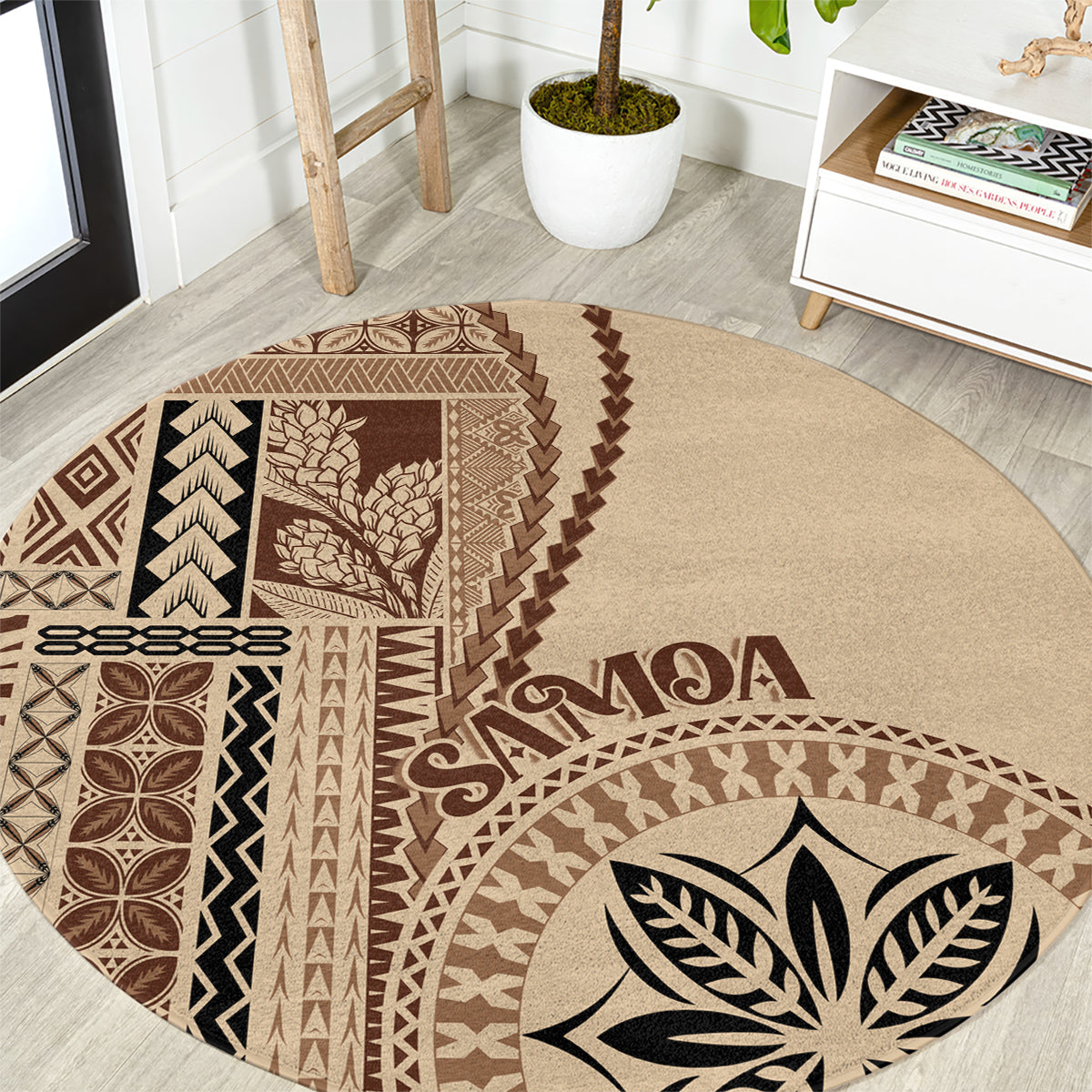 Samoa Siapo Motif Round Carpet Classic Style LT7 Beige - Polynesian Pride