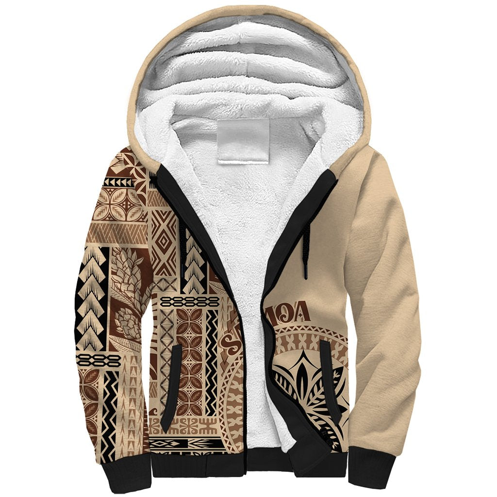 Samoa Siapo Motif Sherpa Hoodie Classic Style LT7 Unisex Beige - Polynesian Pride