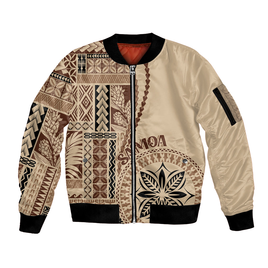 Samoa Siapo Motif Sleeve Zip Bomber Jacket Classic Style LT7 Unisex Beige - Polynesian Pride