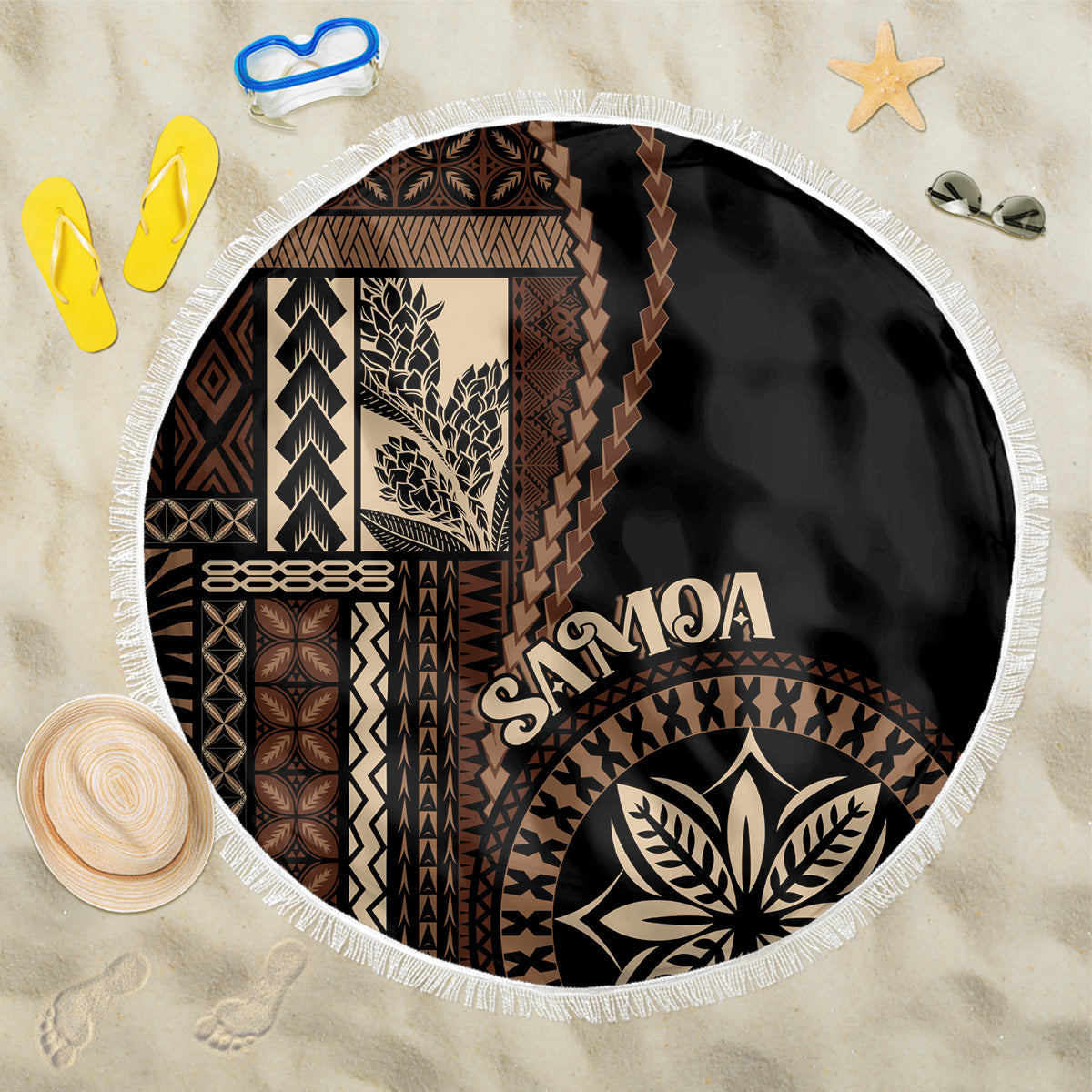 Samoa Siapo Motif Beach Blanket Classic Style - Black Ver LT7 One Size 150cm Black - Polynesian Pride