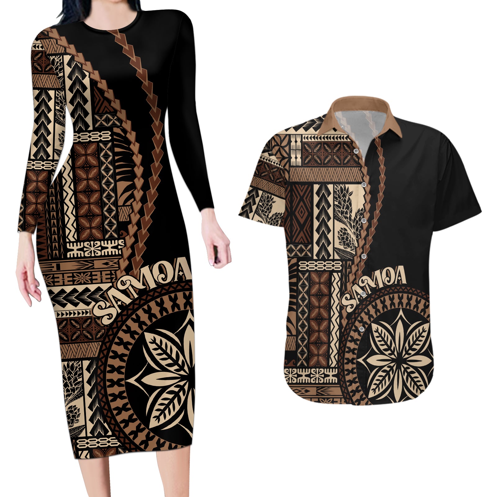 Samoa Siapo Motif Couples Matching Long Sleeve Bodycon Dress and Hawaiian Shirt Classic Style - Black Ver LT7 Black - Polynesian Pride