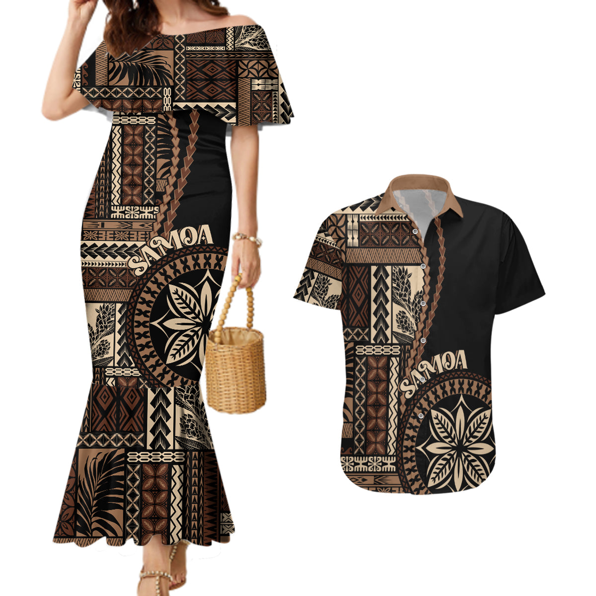 Samoa Siapo Motif Couples Matching Mermaid Dress and Hawaiian Shirt Classic Style - Black Ver LT7 Black - Polynesian Pride