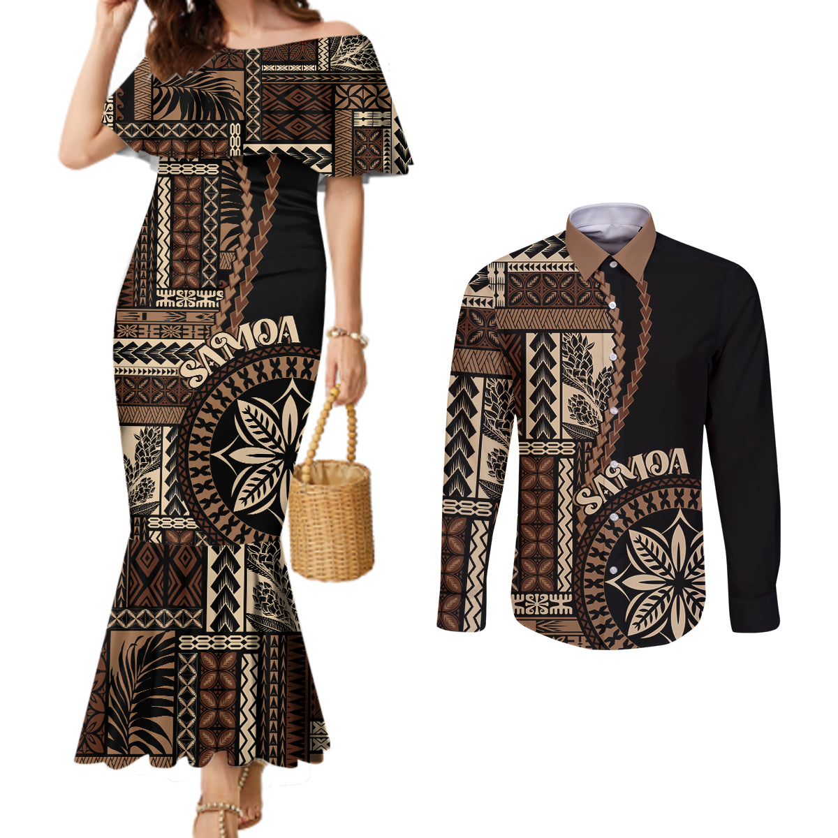 Samoa Siapo Motif Couples Matching Mermaid Dress and Long Sleeve Button Shirt Classic Style - Black Ver LT7 Black - Polynesian Pride