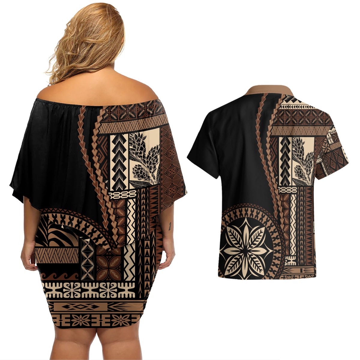 Samoa Siapo Motif Couples Matching Off Shoulder Short Dress and Hawaiian Shirt Classic Style - Black Ver LT7 - Polynesian Pride