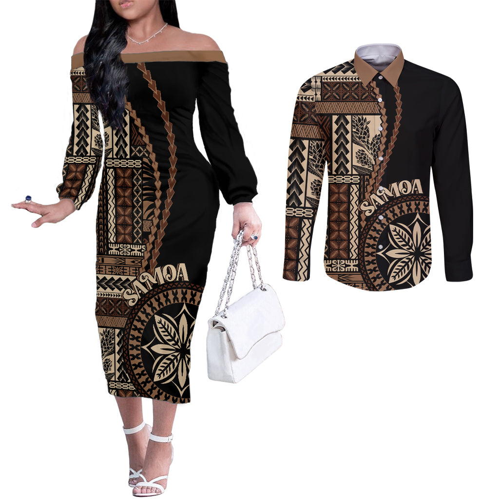 Samoa Siapo Motif Couples Matching Off The Shoulder Long Sleeve Dress and Long Sleeve Button Shirt Classic Style - Black Ver LT7 Black - Polynesian Pride