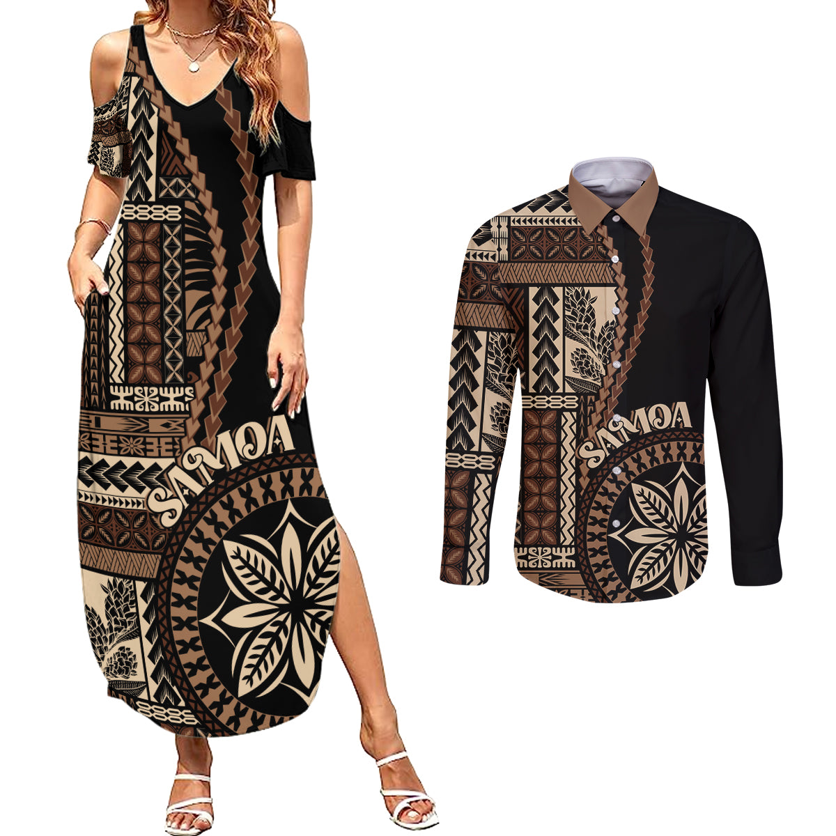 Samoa Siapo Motif Couples Matching Summer Maxi Dress and Long Sleeve Button Shirt Classic Style - Black Ver LT7 Black - Polynesian Pride