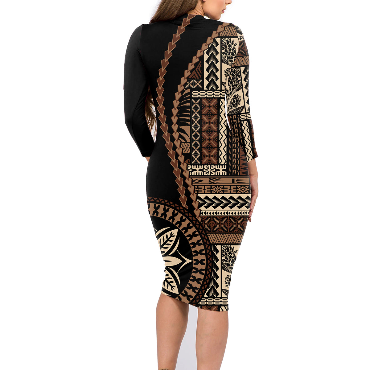 Samoa Siapo Motif Family Matching Long Sleeve Bodycon Dress and Hawaiian Shirt Classic Style - Black Ver LT7 - Polynesian Pride