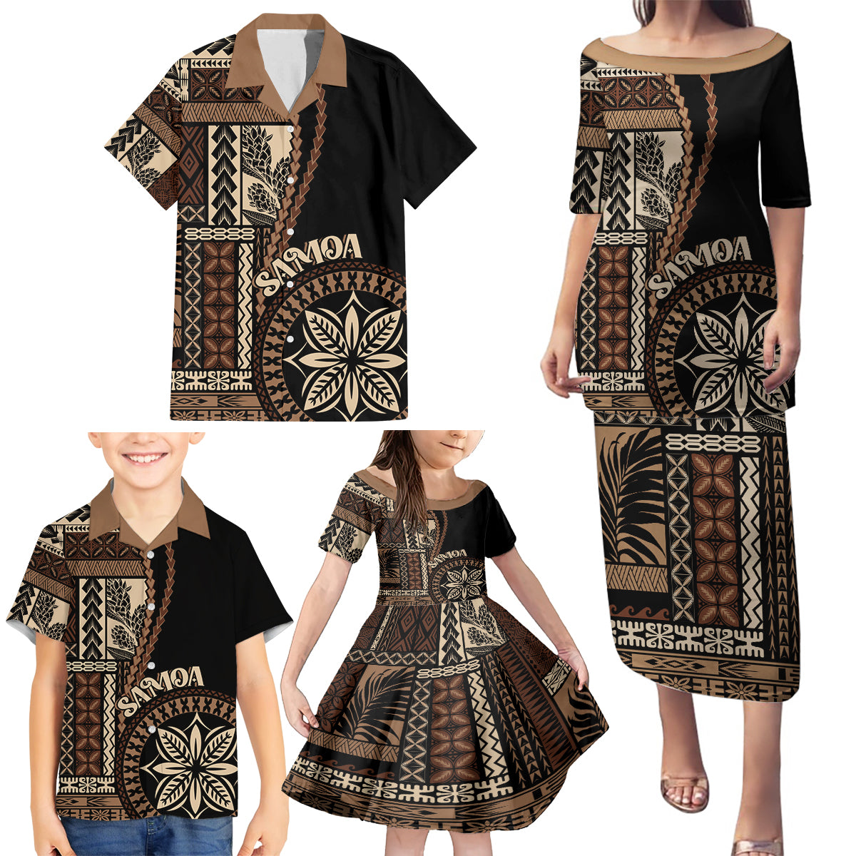 Samoa Siapo Motif Family Matching Puletasi Dress and Hawaiian Shirt Classic Style - Black Ver LT7 - Polynesian Pride