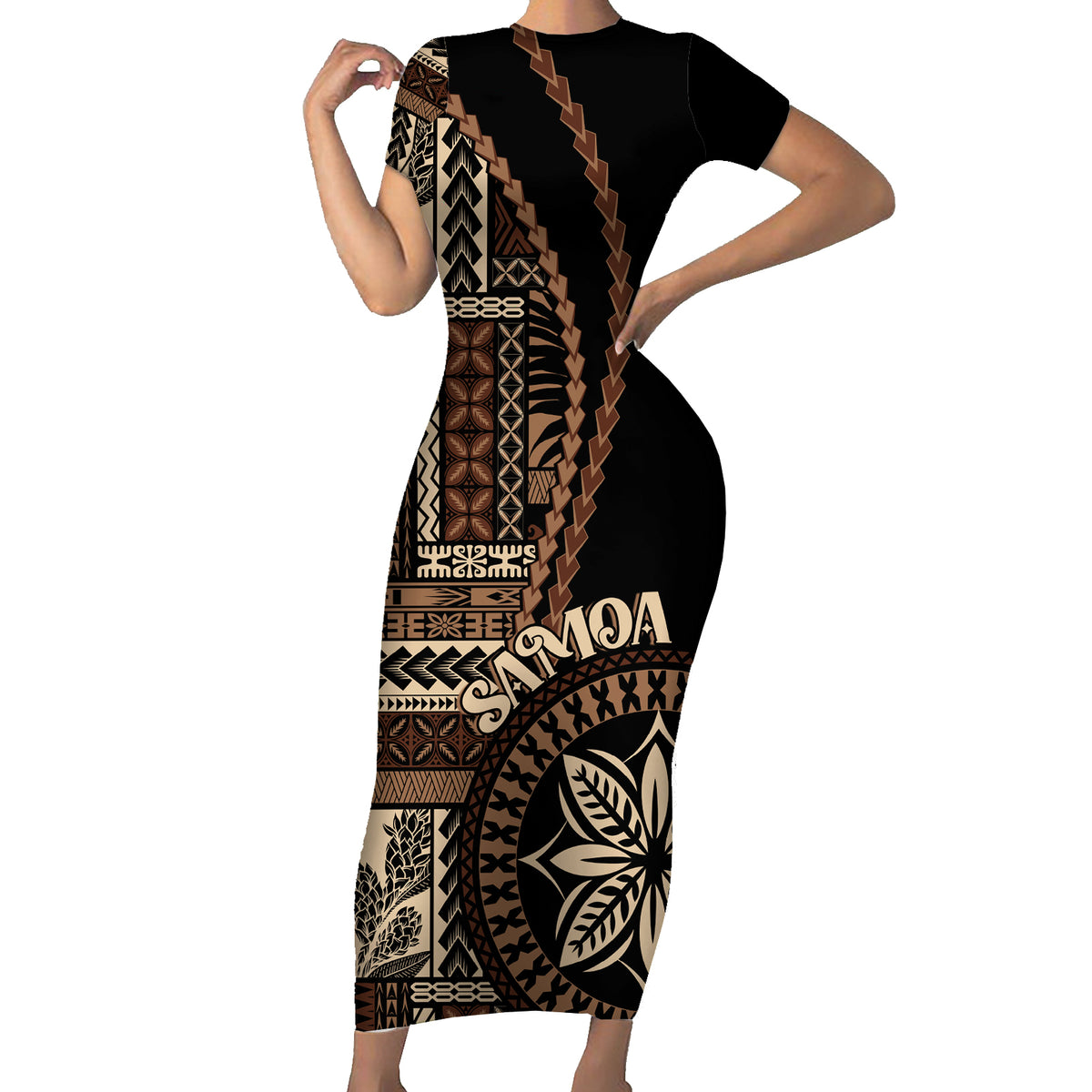 Samoa Siapo Motif Family Matching Short Sleeve Bodycon Dress and Hawaiian Shirt Classic Style - Black Ver LT7 Mom's Dress Black - Polynesian Pride