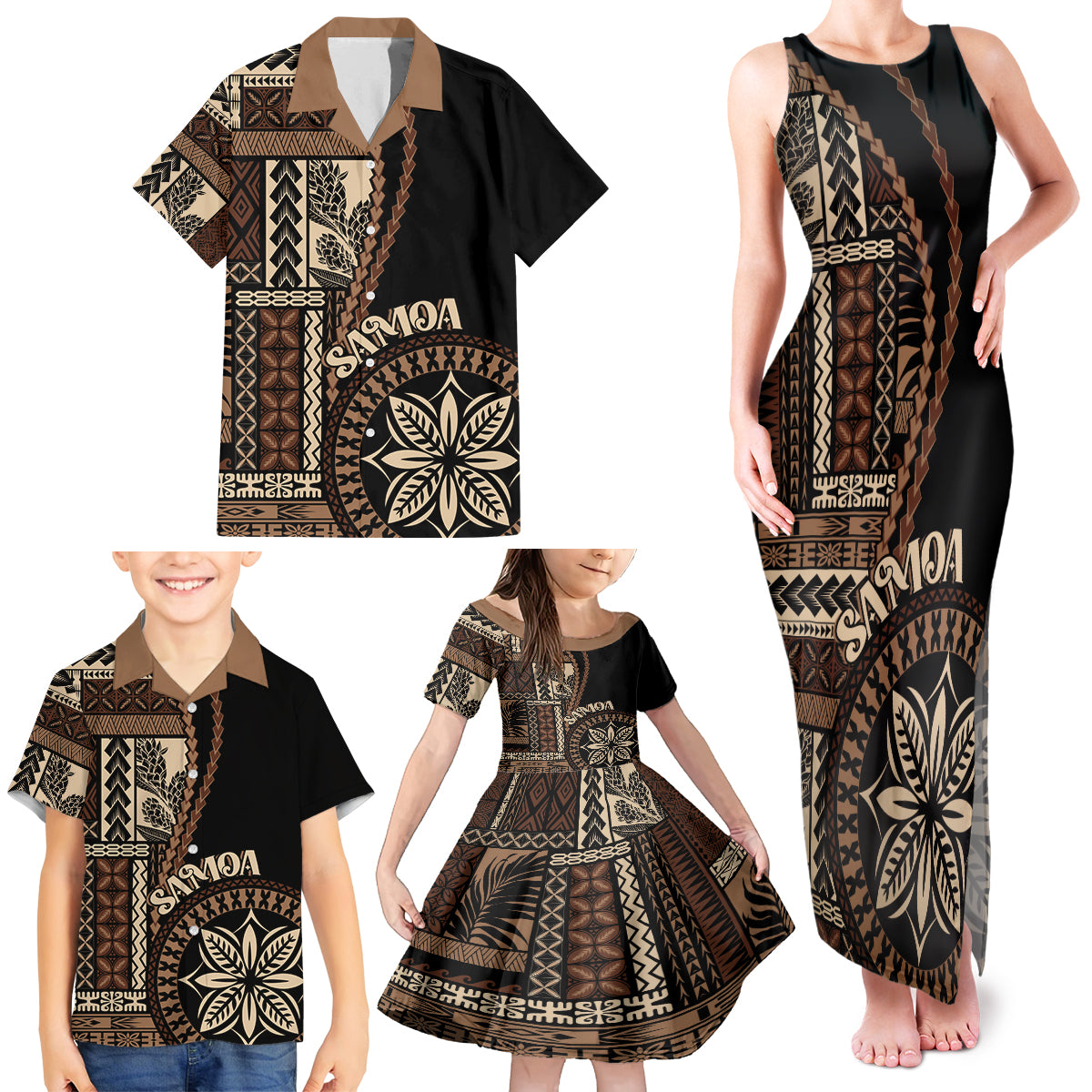 Samoa Siapo Motif Family Matching Tank Maxi Dress and Hawaiian Shirt Classic Style - Black Ver LT7 - Polynesian Pride