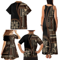 Samoa Siapo Motif Family Matching Tank Maxi Dress and Hawaiian Shirt Classic Style - Black Ver LT7 - Polynesian Pride