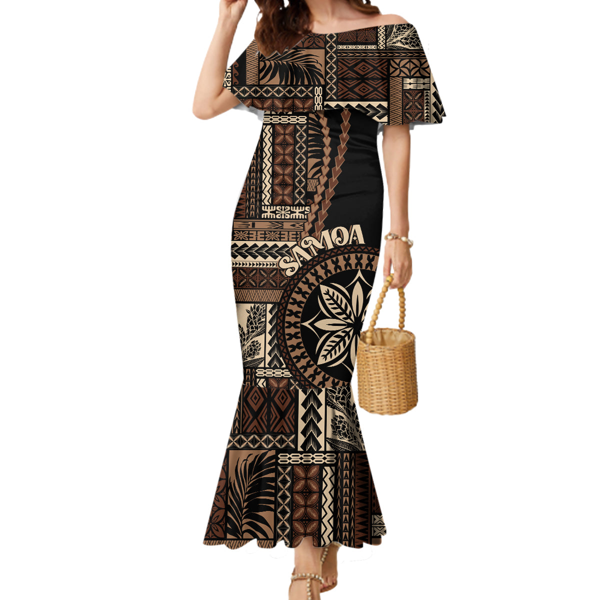 Samoa Siapo Motif Mermaid Dress Classic Style - Black Ver LT7 Women Black - Polynesian Pride