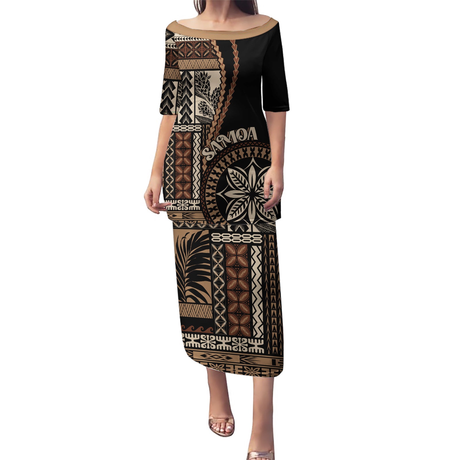 Samoa Siapo Motif Puletasi Classic Style - Black Ver LT7 Long Dress Black - Polynesian Pride