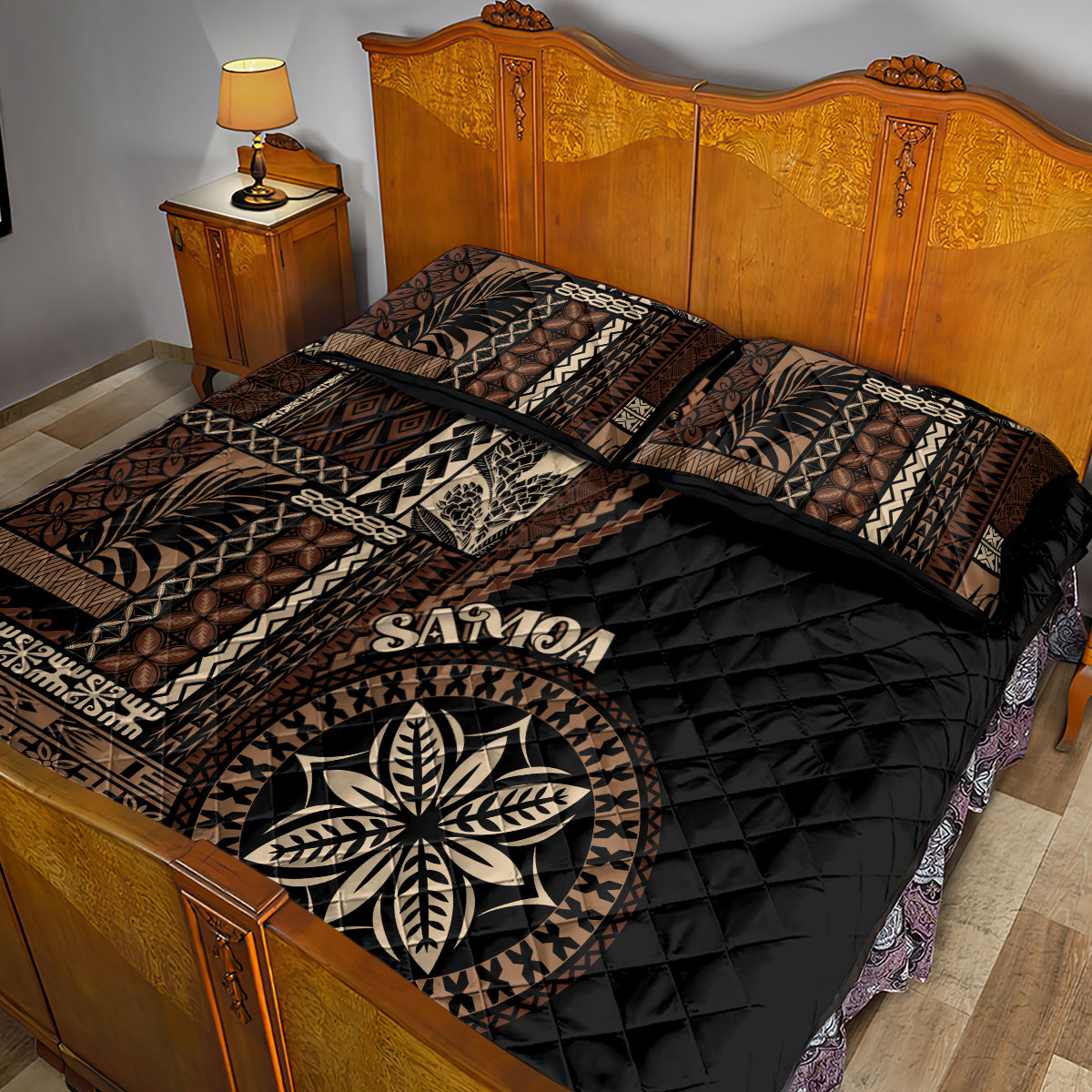 Samoa Siapo Motif Quilt Bed Set Classic Style - Black Ver LT7 - Polynesian Pride