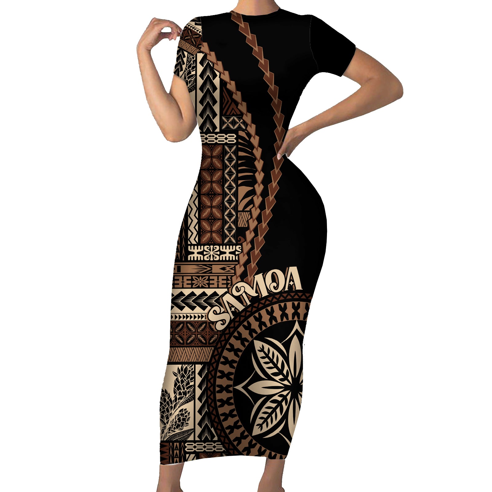 Samoa Siapo Motif Short Sleeve Bodycon Dress Classic Style - Black Ver LT7 Long Dress Black - Polynesian Pride