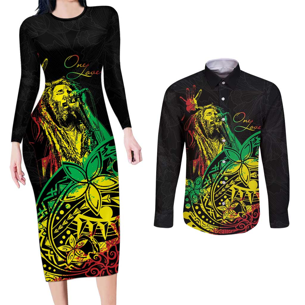 Personalised Reggae Jawaiian Festive Couples Matching Long Sleeve Bodycon Dress and Long Sleeve Button Shirt Mix Polynesian LT7 Reggae - Polynesian Pride
