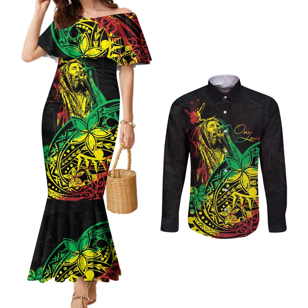 Personalised Reggae Jawaiian Festive Couples Matching Mermaid Dress and Long Sleeve Button Shirt Mix Polynesian LT7 Reggae - Polynesian Pride