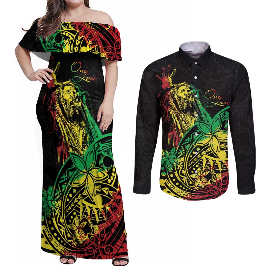 Personalised Reggae Jawaiian Festive Couples Matching Off Shoulder Maxi Dress and Long Sleeve Button Shirt Mix Polynesian LT7 Reggae - Polynesian Pride