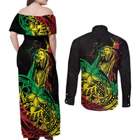 Personalised Reggae Jawaiian Festive Couples Matching Off Shoulder Maxi Dress and Long Sleeve Button Shirt Mix Polynesian LT7 - Polynesian Pride