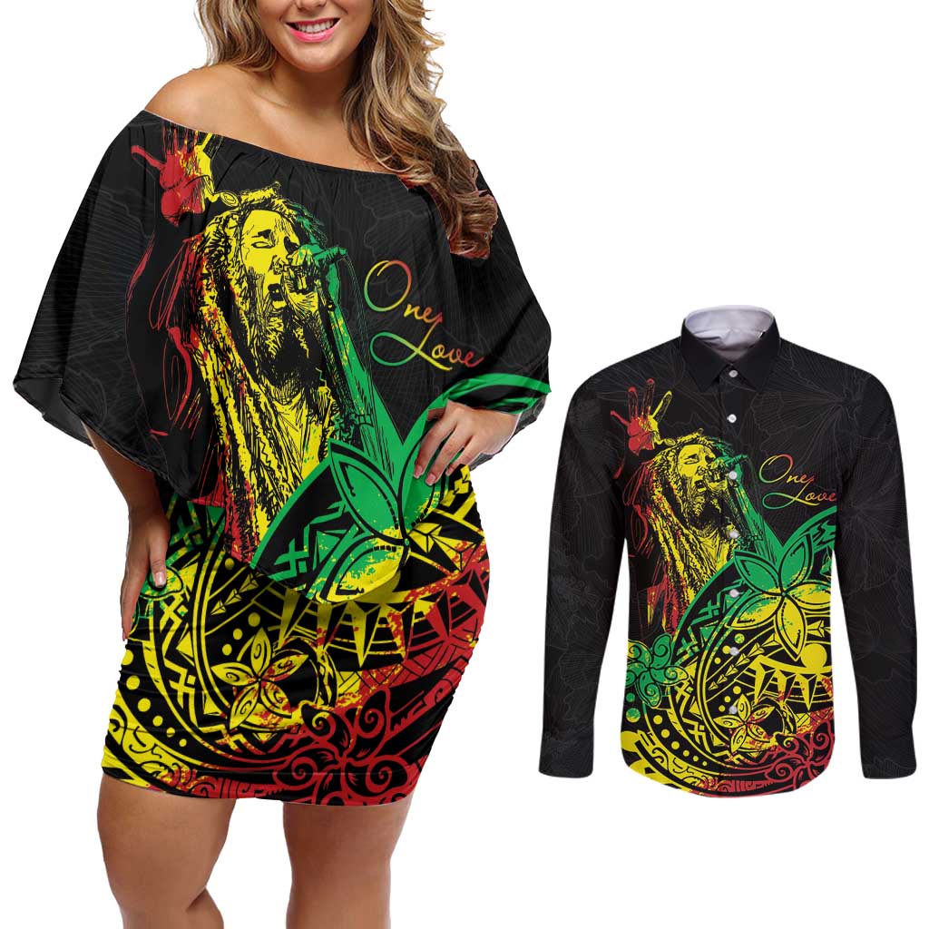 Personalised Reggae Jawaiian Festive Couples Matching Off Shoulder Short Dress and Long Sleeve Button Shirt Mix Polynesian LT7 Reggae - Polynesian Pride