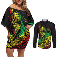 Personalised Reggae Jawaiian Festive Couples Matching Off Shoulder Short Dress and Long Sleeve Button Shirt Mix Polynesian LT7 Reggae - Polynesian Pride