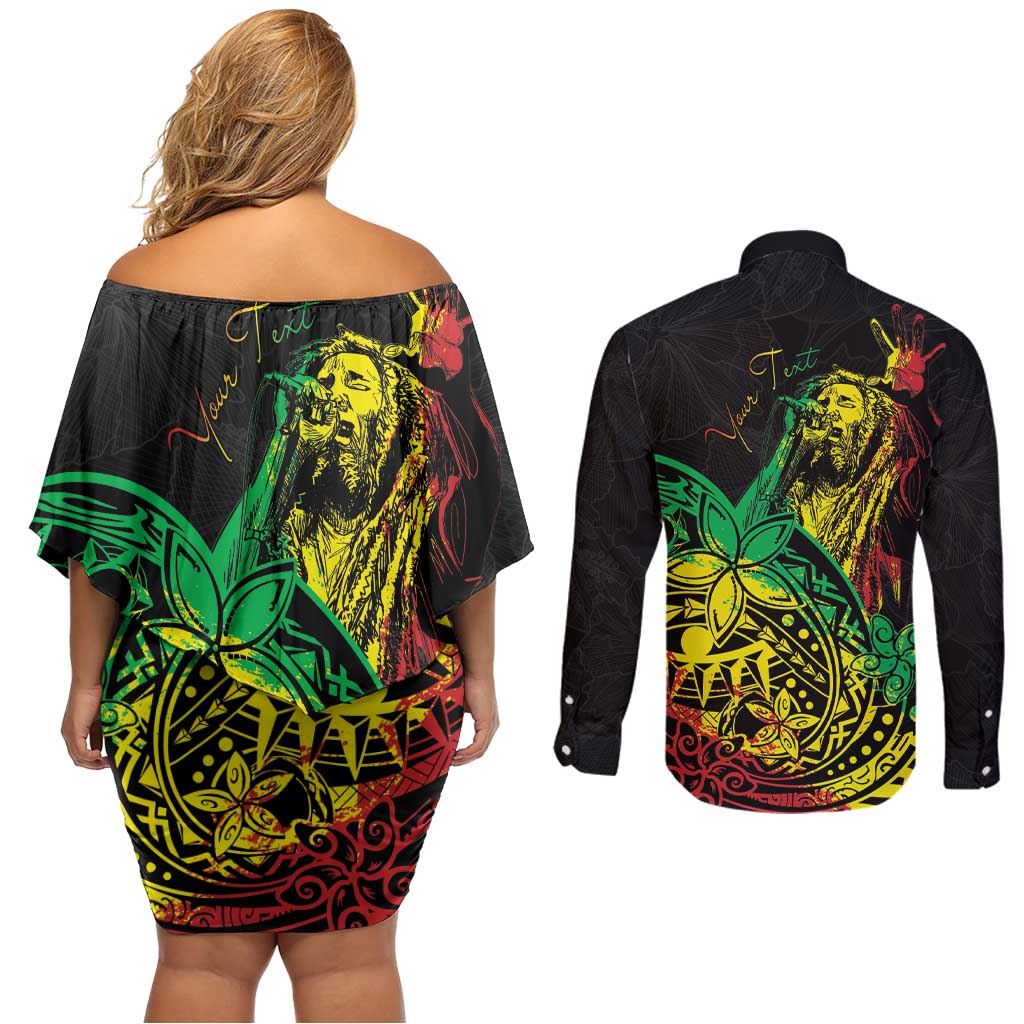 Personalised Reggae Jawaiian Festive Couples Matching Off Shoulder Short Dress and Long Sleeve Button Shirt Mix Polynesian LT7 - Polynesian Pride
