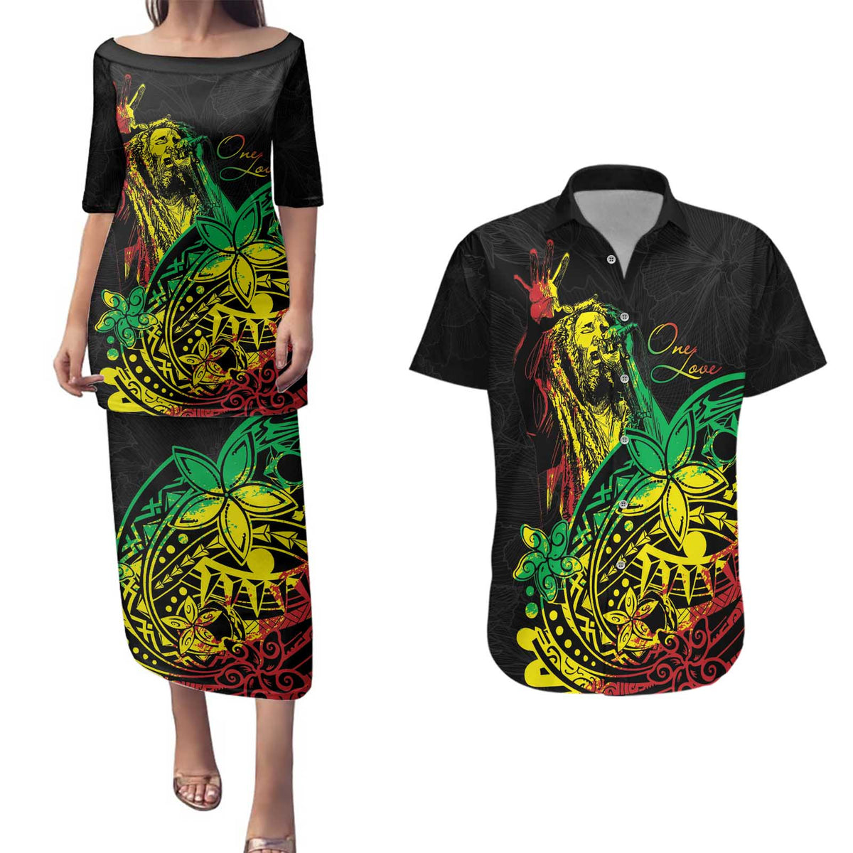 Personalised Reggae Jawaiian Festive Couples Matching Puletasi and Hawaiian Shirt Mix Polynesian LT7 Reggae - Polynesian Pride