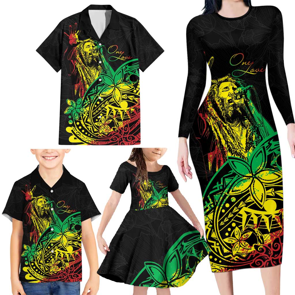 Personalised Reggae Jawaiian Festive Family Matching Long Sleeve Bodycon Dress and Hawaiian Shirt Mix Polynesian