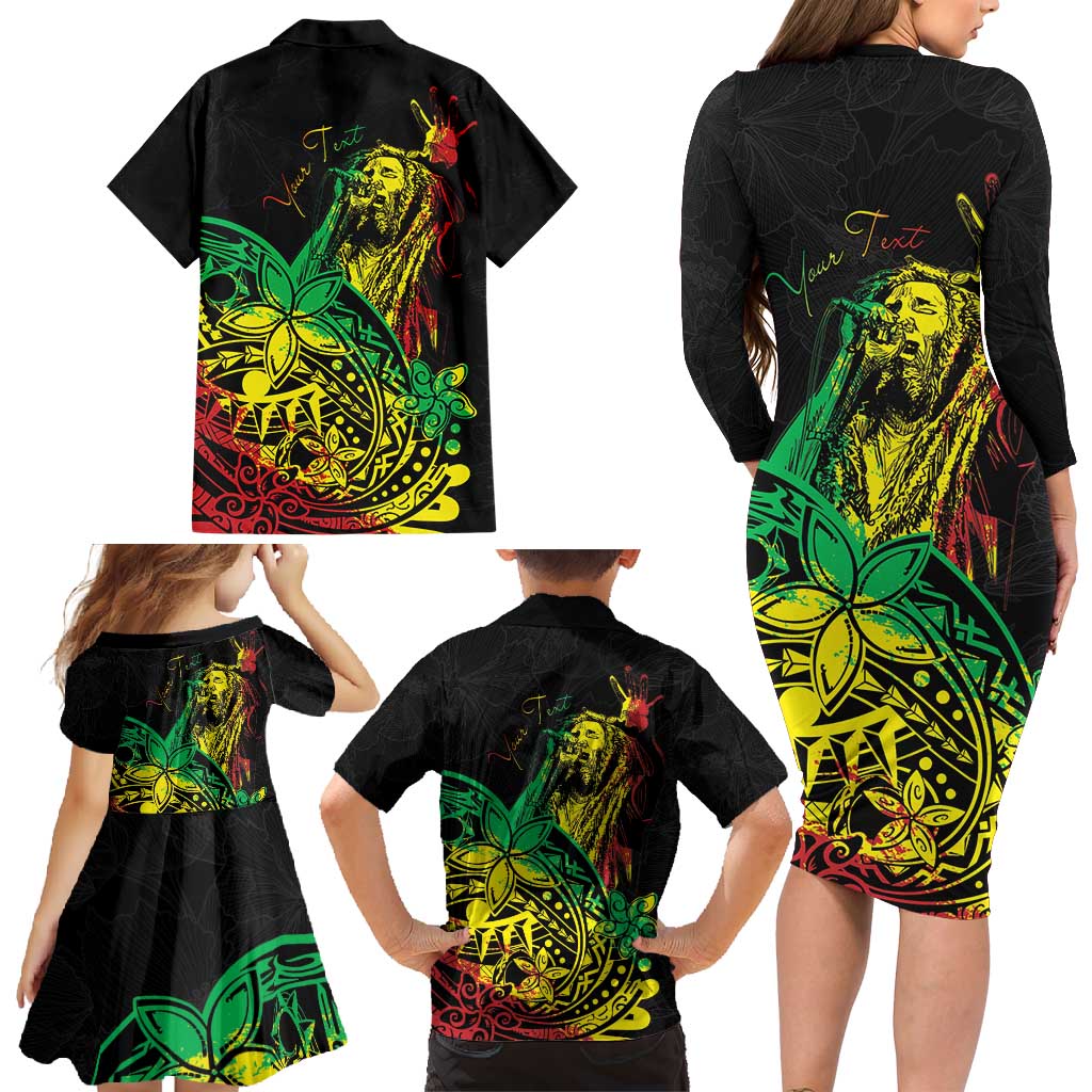Personalised Reggae Jawaiian Festive Family Matching Long Sleeve Bodycon Dress and Hawaiian Shirt Mix Polynesian