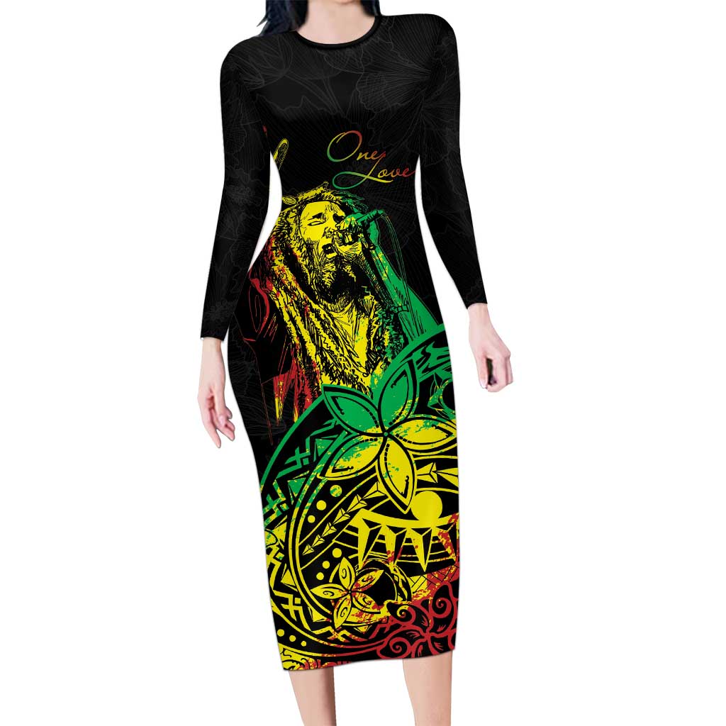 Personalised Reggae Jawaiian Festive Family Matching Long Sleeve Bodycon Dress and Hawaiian Shirt Mix Polynesian