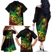 Personalised Reggae Jawaiian Festive Family Matching Off The Shoulder Long Sleeve Dress and Hawaiian Shirt Mix Polynesian